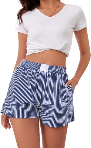 Womens Y2K Striped Boxer Shorts Cute Sleeping Shorts Elastic Waist Pajama Shorts Mid Rise Lounge Short With Pockets
