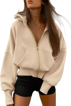 Women's Zip-Up Hooded Long Sleeve Cropped Sweatshirt Fleece Hooded Jacket Fall Outfits Casual Y2k Tops Winte with Pockets