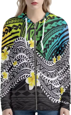 Women's Zip Up Samoa Tapa Polynesian Tribal Hoodies Jacket Samoan Puletasi Drawstring Long Sleeve Sweatshirt