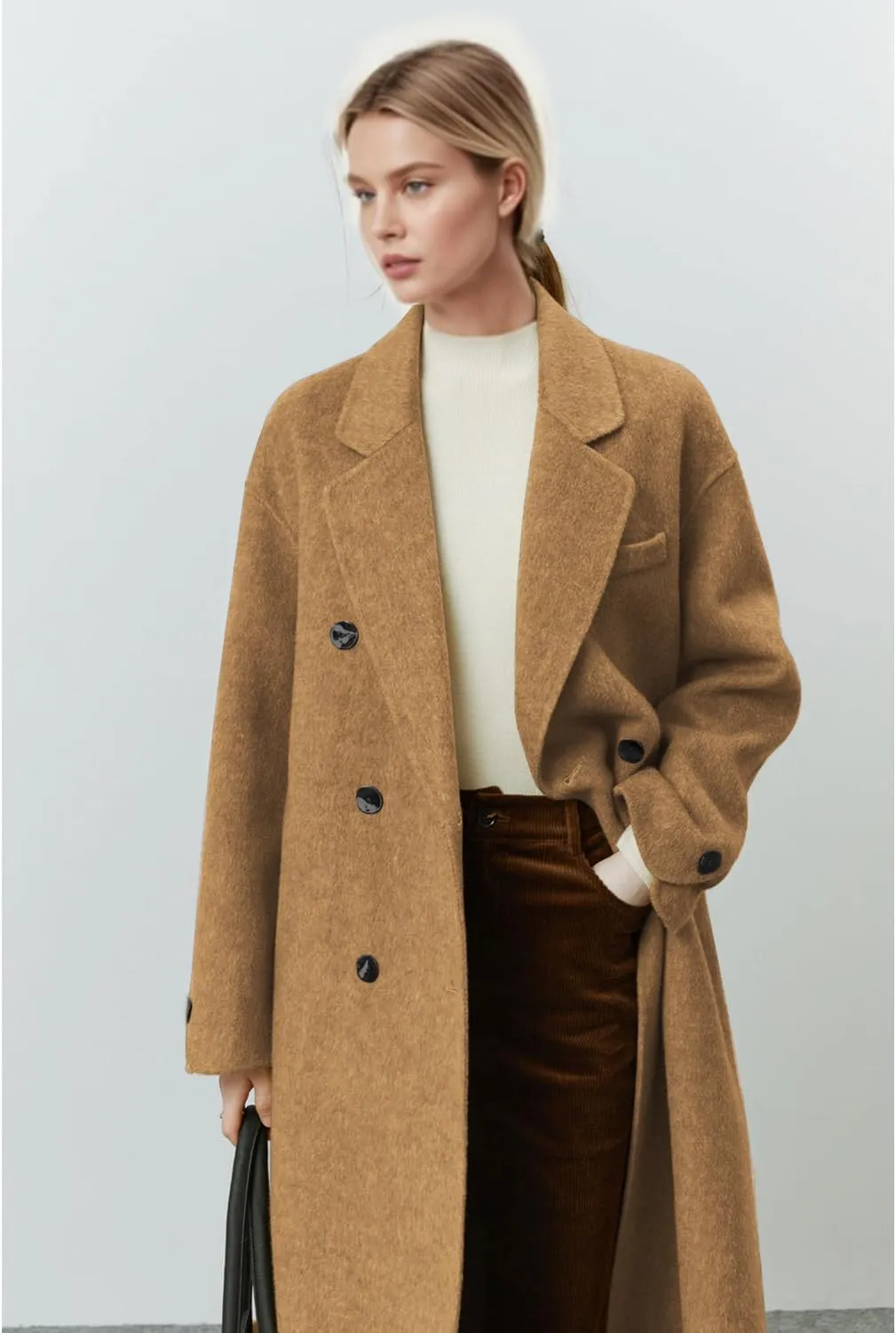 Wool Coats for Women Winter Lapel Double Breasted Wool Blend Long Pea Trench Coat Pocketed Outwear with Belt