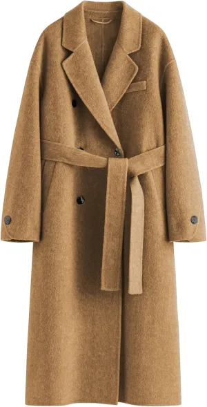Wool Coats for Women Winter Lapel Double Breasted Wool Blend Long Pea Trench Coat Pocketed Outwear with Belt