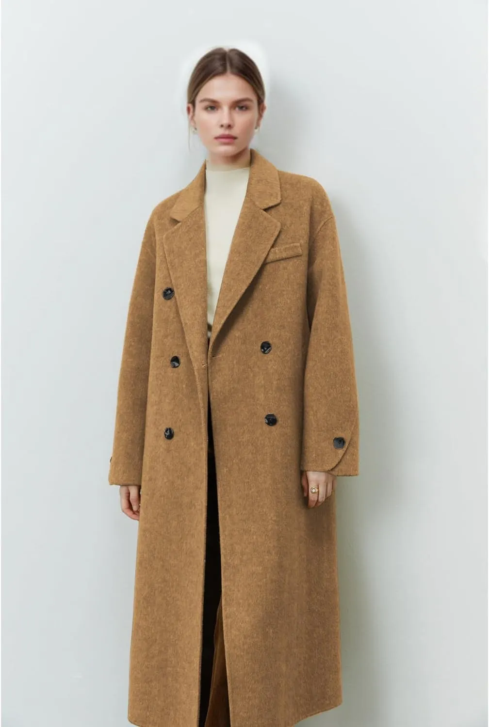 Wool Coats for Women Winter Lapel Double Breasted Wool Blend Long Pea Trench Coat Pocketed Outwear with Belt