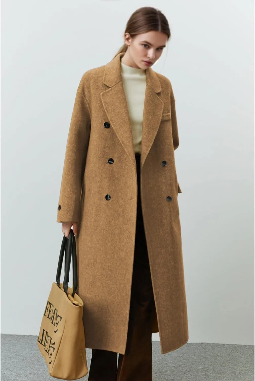Wool Coats for Women Winter Lapel Double Breasted Wool Blend Long Pea Trench Coat Pocketed Outwear with Belt
