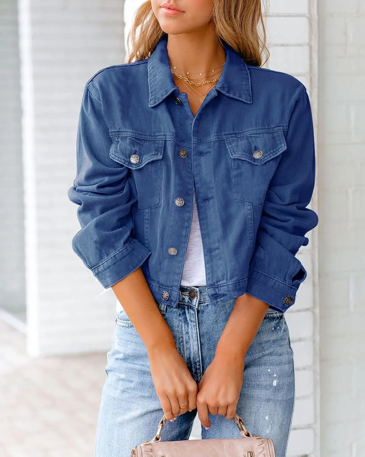 XBTCLXEBCO Vintage Denim Jacket for Women Long Sleeve Button Down Cropped Jean Coat Classic Distressed Denim Trucker Jacket