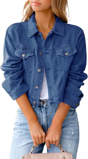 XBTCLXEBCO Vintage Denim Jacket for Women Long Sleeve Button Down Cropped Jean Coat Classic Distressed Denim Trucker Jacket