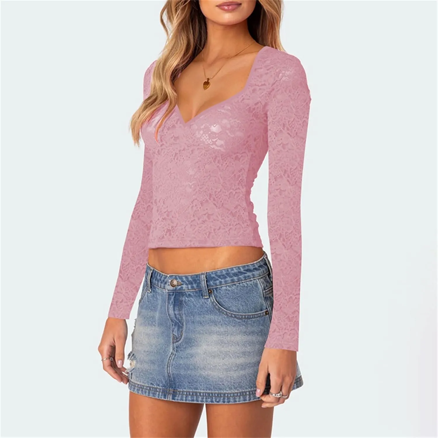 Y2k Long Sleeve Lace Top for Women Sexy Sheer Mesh See Through V Neck Crop Top Slim Fit Lace Shirt Going Out Tops