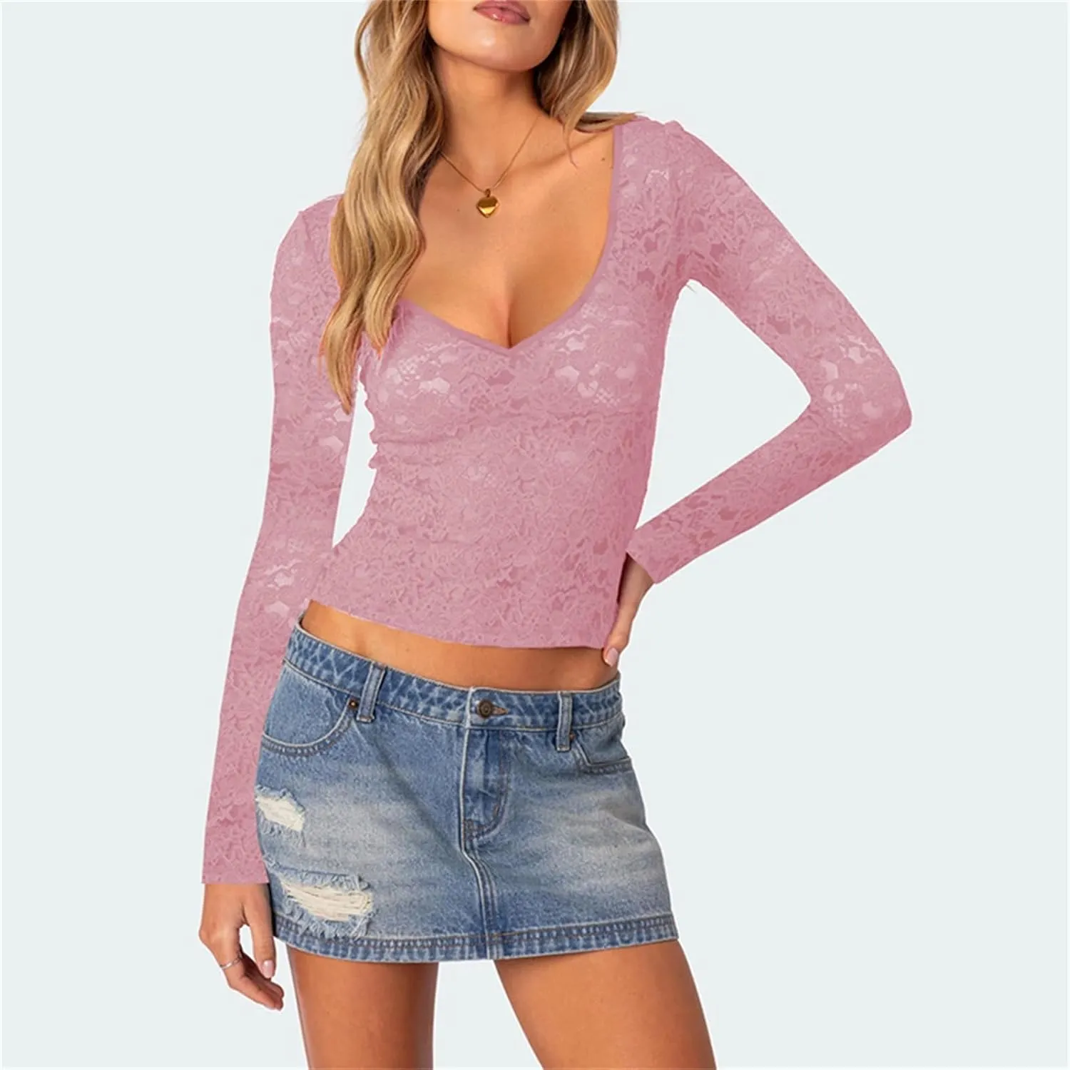 Y2k Long Sleeve Lace Top for Women Sexy Sheer Mesh See Through V Neck Crop Top Slim Fit Lace Shirt Going Out Tops