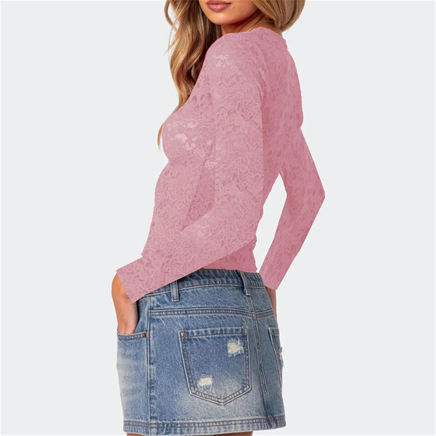 Y2k Long Sleeve Lace Top for Women Sexy Sheer Mesh See Through V Neck Crop Top Slim Fit Lace Shirt Going Out Tops