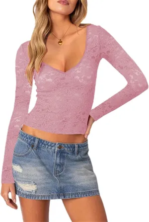 Y2k Long Sleeve Lace Top for Women Sexy Sheer Mesh See Through V Neck Crop Top Slim Fit Lace Shirt Going Out Tops