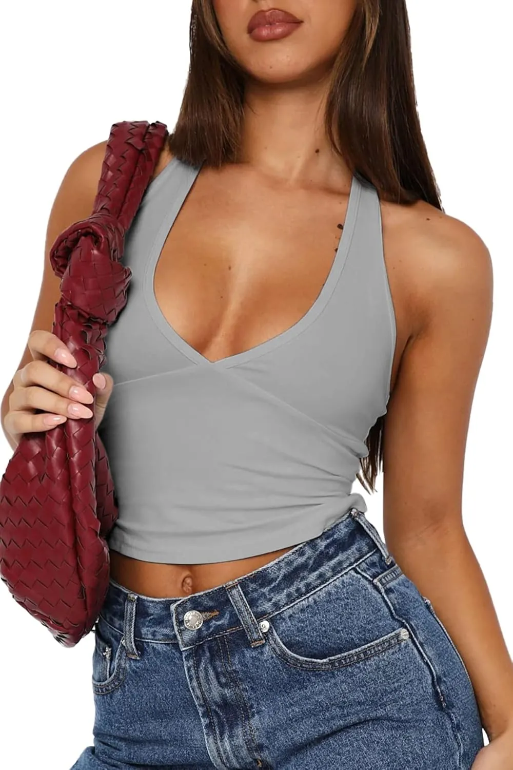 YFANG Women's Sexy Halter Deep V Neck Crop Tank Top Backless Sleeveless Slim Fitted Going Out Summer Top