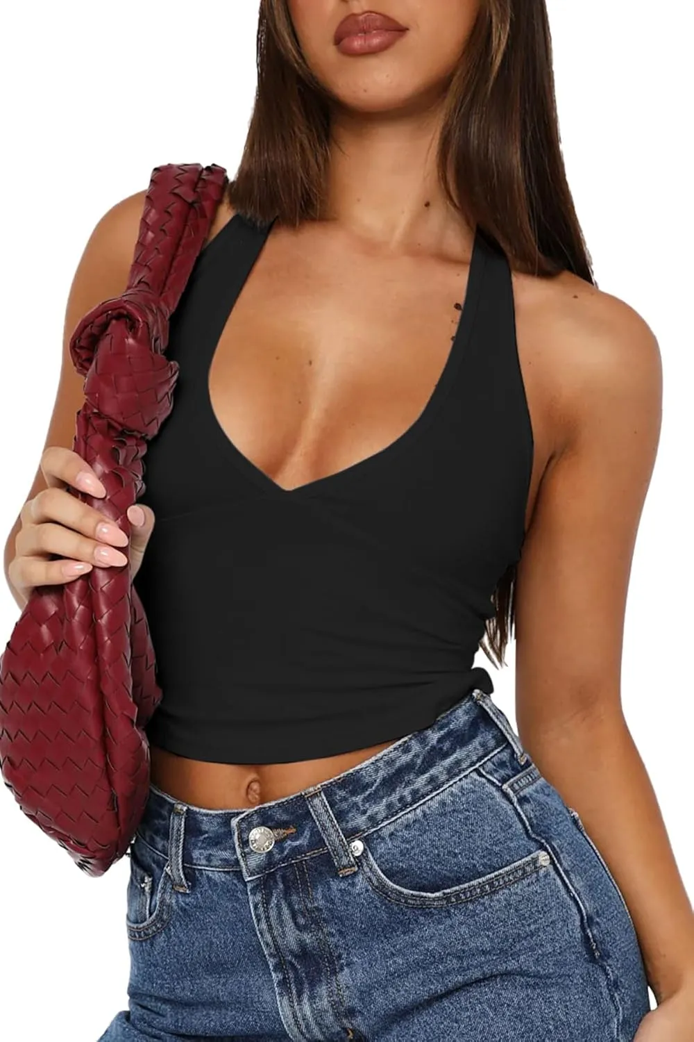 YFANG Women's Sexy Halter Deep V Neck Crop Tank Top Backless Sleeveless Slim Fitted Going Out Summer Top