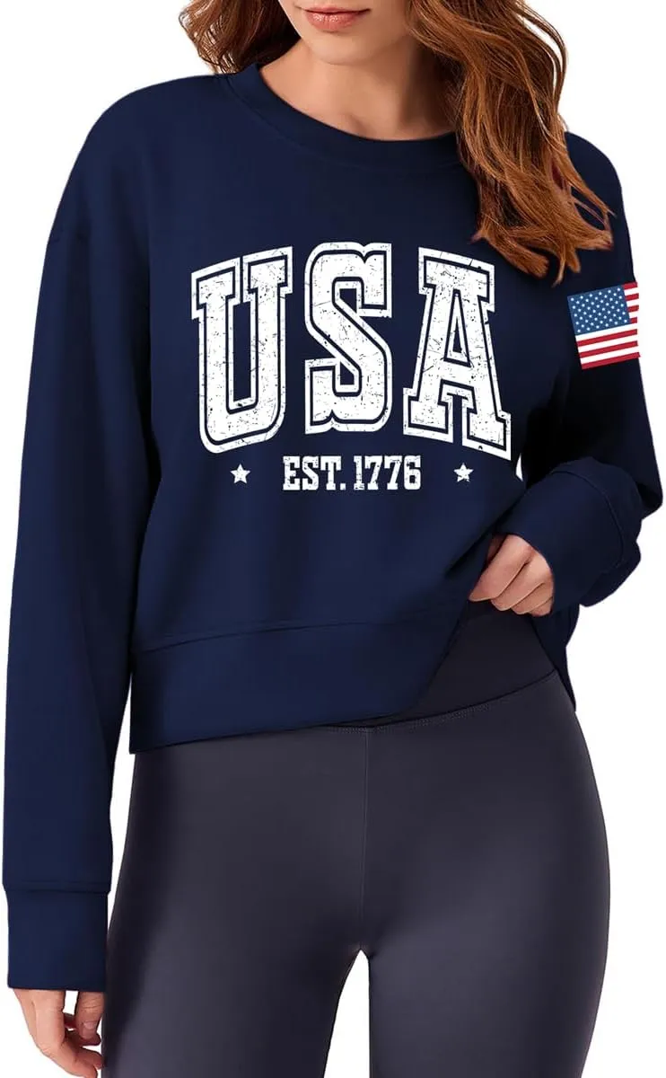 Ymoshoe 4th of July Sweatshirts For Women USA Cropped Sweatshirt American Flag Sweaters Long Sleeve Patriotic Crop Tops 2025