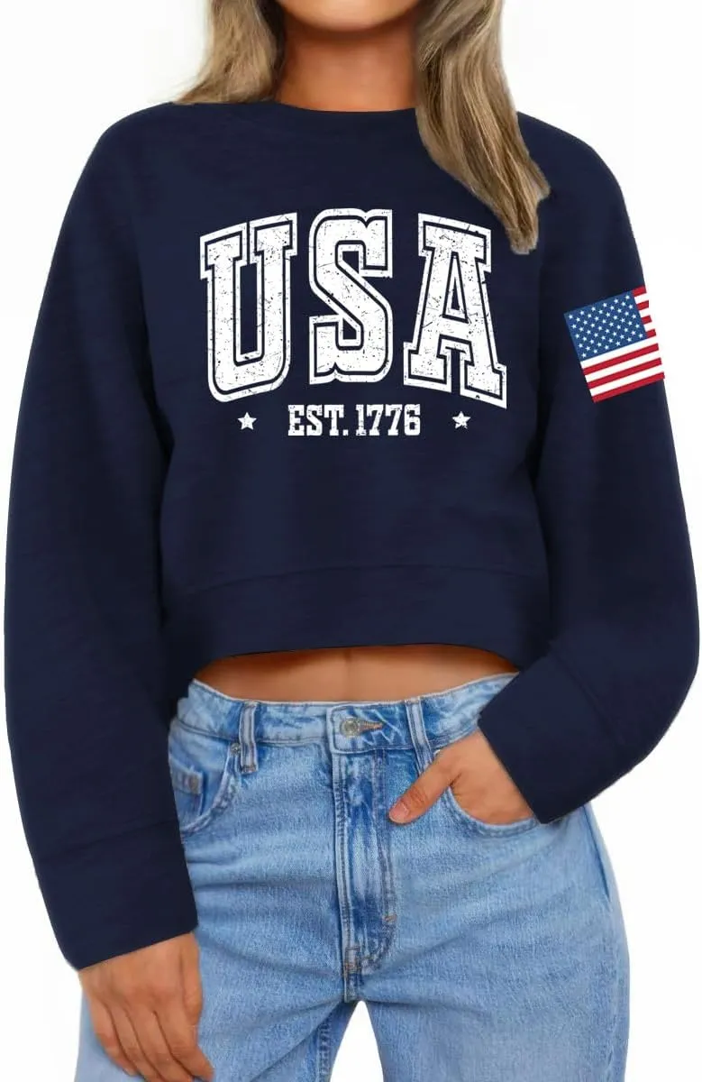 Ymoshoe 4th of July Sweatshirts For Women USA Cropped Sweatshirt American Flag Sweaters Long Sleeve Patriotic Crop Tops 2025