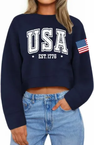 Ymoshoe 4th of July Sweatshirts For Women USA Cropped Sweatshirt American Flag Sweaters Long Sleeve Patriotic Crop Tops 2025