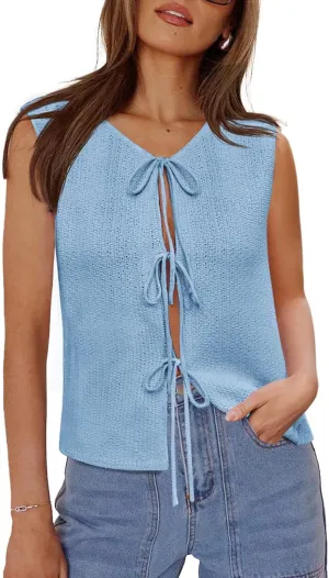 Yousify Women’s Tie Front Sweater Vest 2025 Summer Sleeveless Crochet Knit Tops Lightweight Cardigan Sweaters Outfits