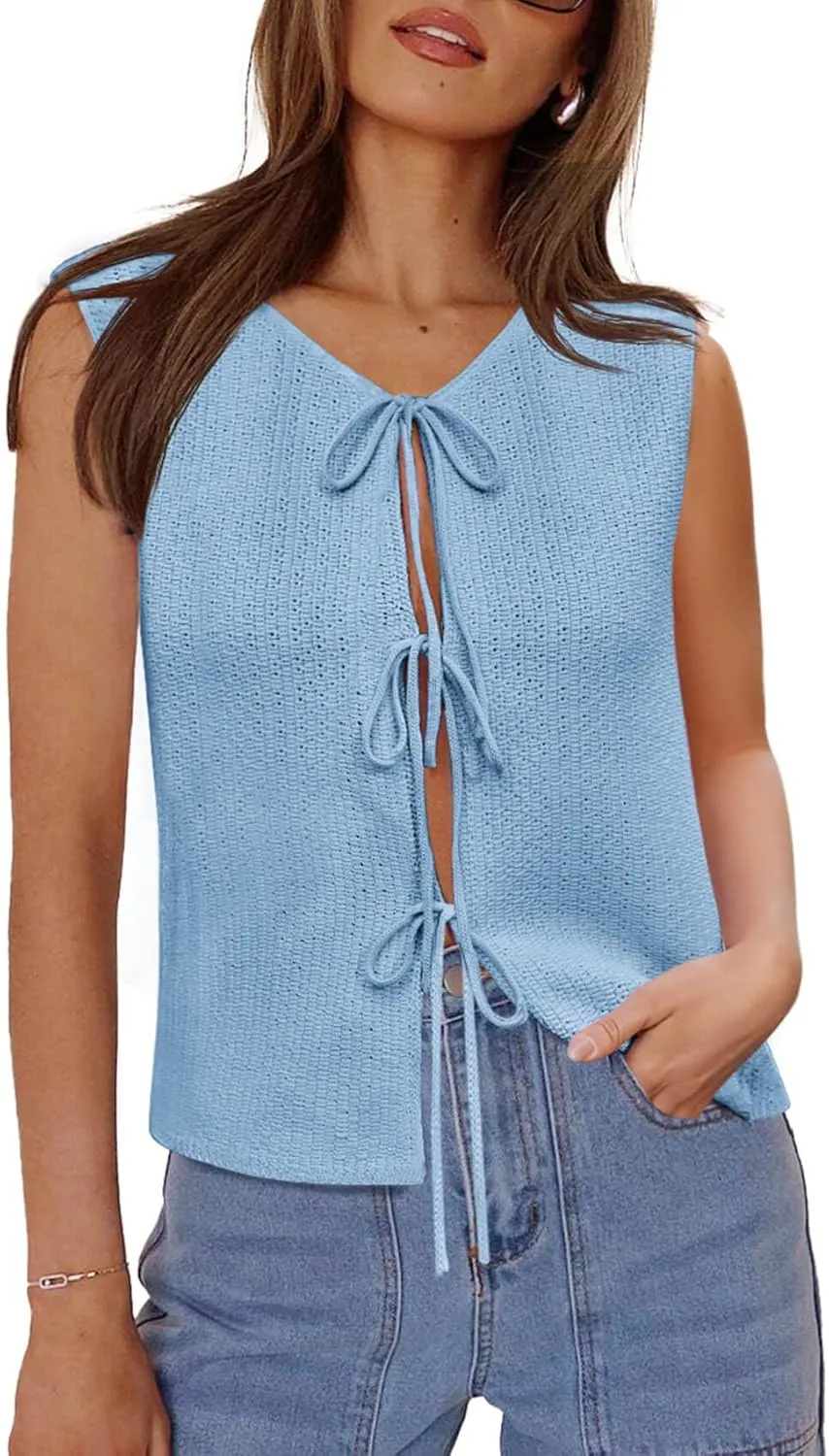 Yousify Women’s Tie Front Sweater Vest 2025 Summer Sleeveless Crochet Knit Tops Lightweight Cardigan Sweaters Outfits