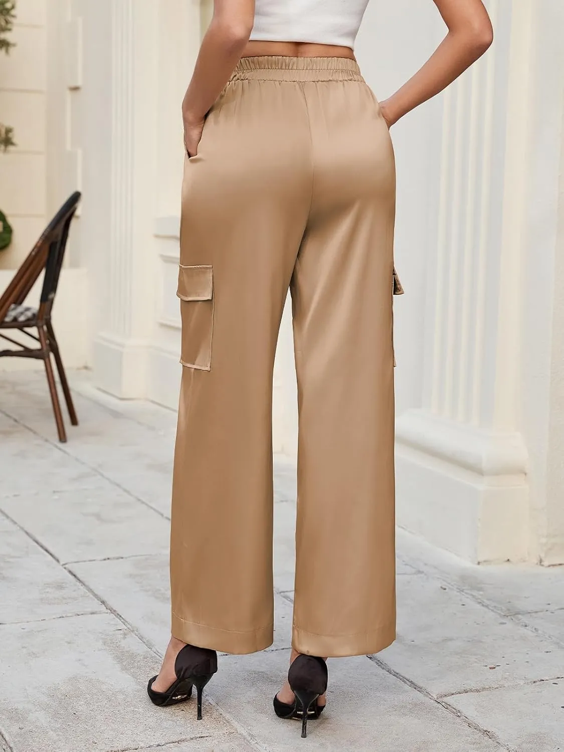 ZAFUL Womens Satin Pants Wide Leg High Waisted Cargo Pants Silky Dressy Casual Slack Trousers