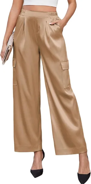 ZAFUL Womens Satin Pants Wide Leg High Waisted Cargo Pants Silky Dressy Casual Slack Trousers
