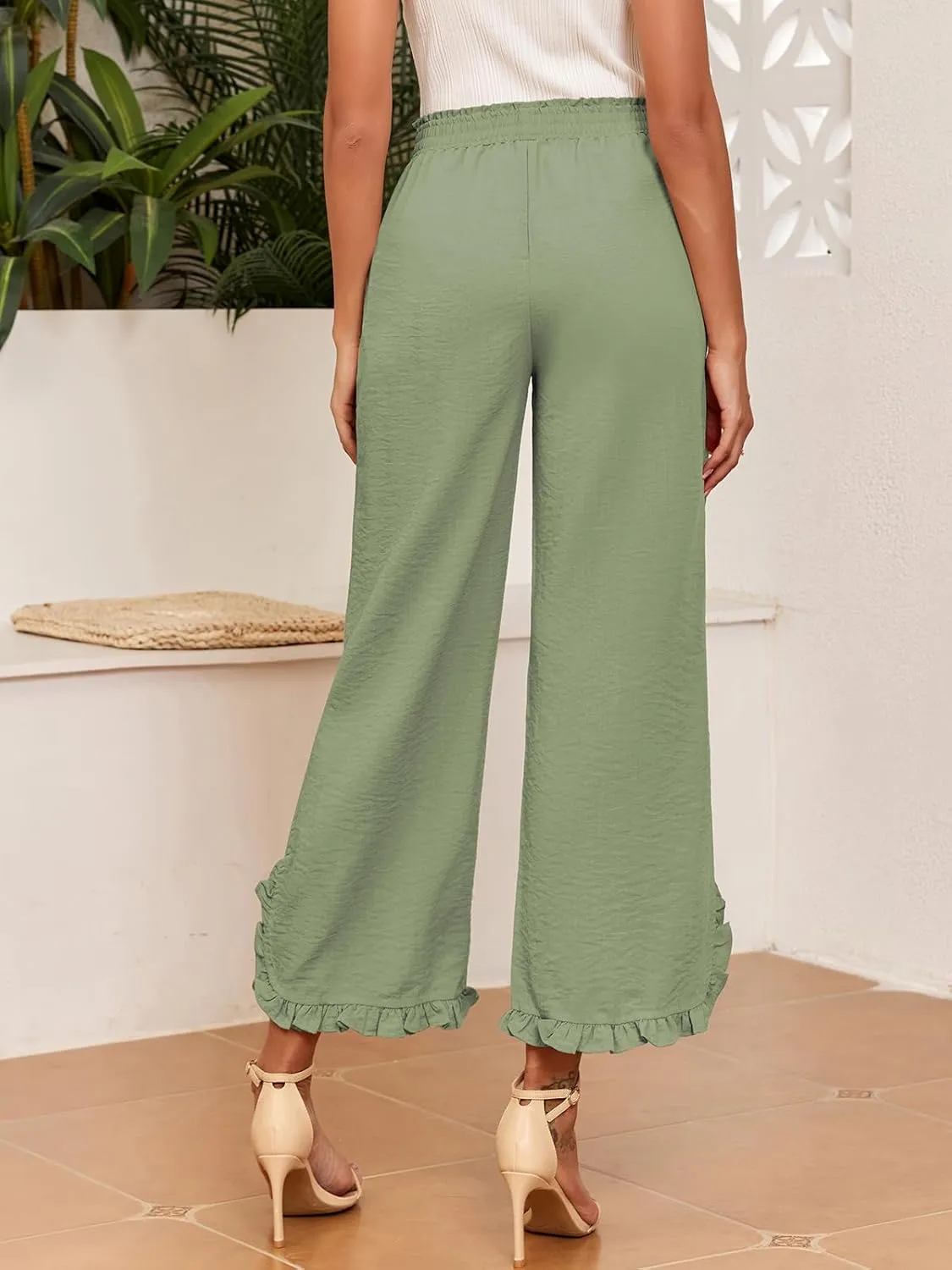 ZAFUL Womens Wide Leg Pants Casual High Waisted Ruffle Pants Summer Boho Beach Pockets Trousers