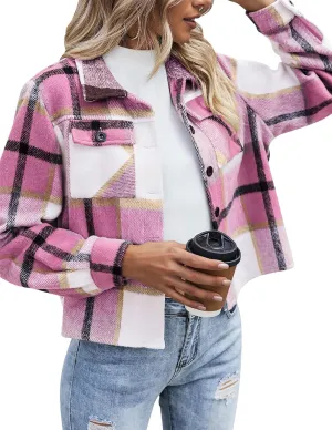 Zeagoo Flannels for Women Cropped Shacket Jacket Fashion Plaid Button Down Shirt 2025 Fall Coat Tops