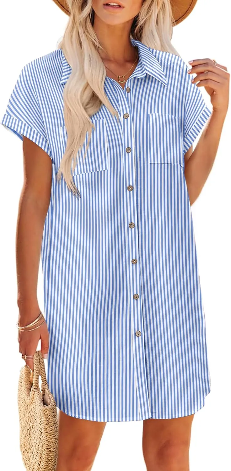 Zeagoo Summer Dress with Pockets Stripe Floral Tshirt Dresses Short Sleeve Button On V-Neck Loose Shift Casual V-Neck Collared Sundress RESS,XXL
