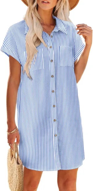 Zeagoo Summer Dress with Pockets Stripe Floral Tshirt Dresses Short Sleeve Button On V-Neck Loose Shift Casual V-Neck Collared Sundress RESS,XXL