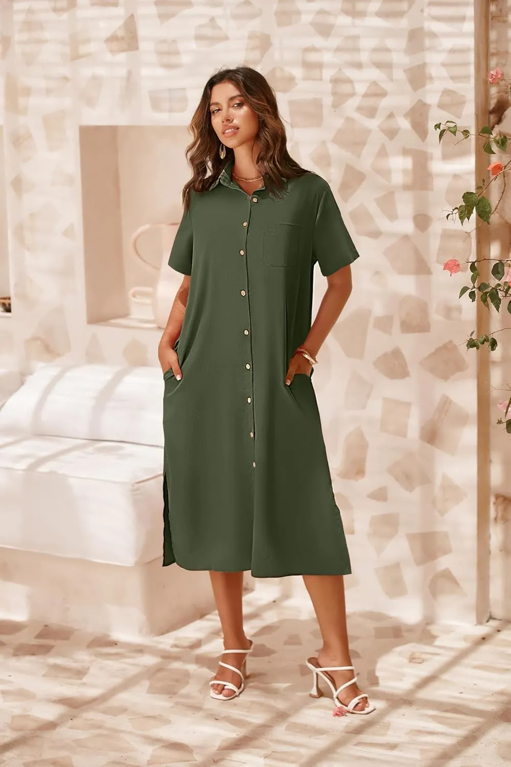 Zeagoo Womens Dress Summer Casual Short Sleeve Button Down Shirt Dress Beach Cover Up Dress with Pockets