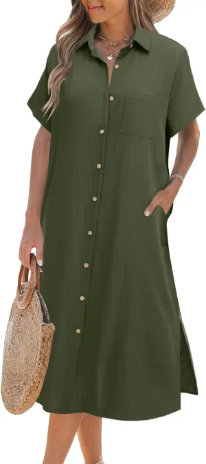 Zeagoo Womens Dress Summer Casual Short Sleeve Button Down Shirt Dress Beach Cover Up Dress with Pockets