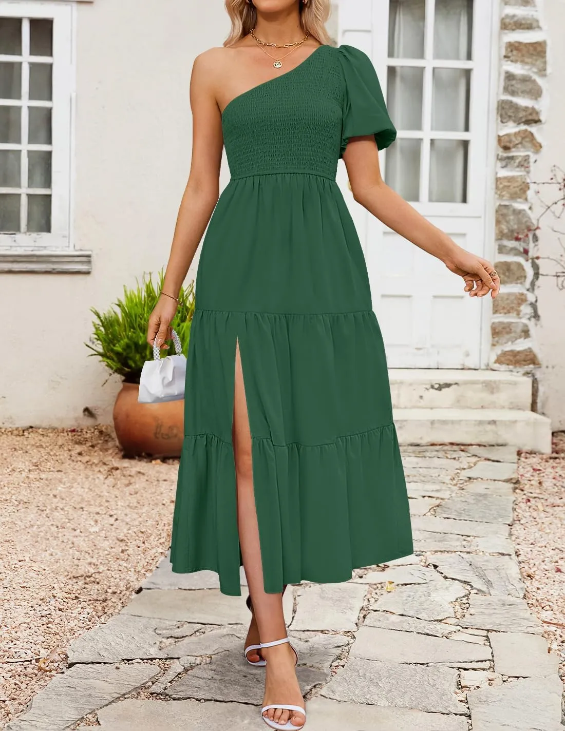 ZESICA Women's Boho Summer One Shoulder Short Sleeve Smocked Side Split Ruffle Swing Midi Dress