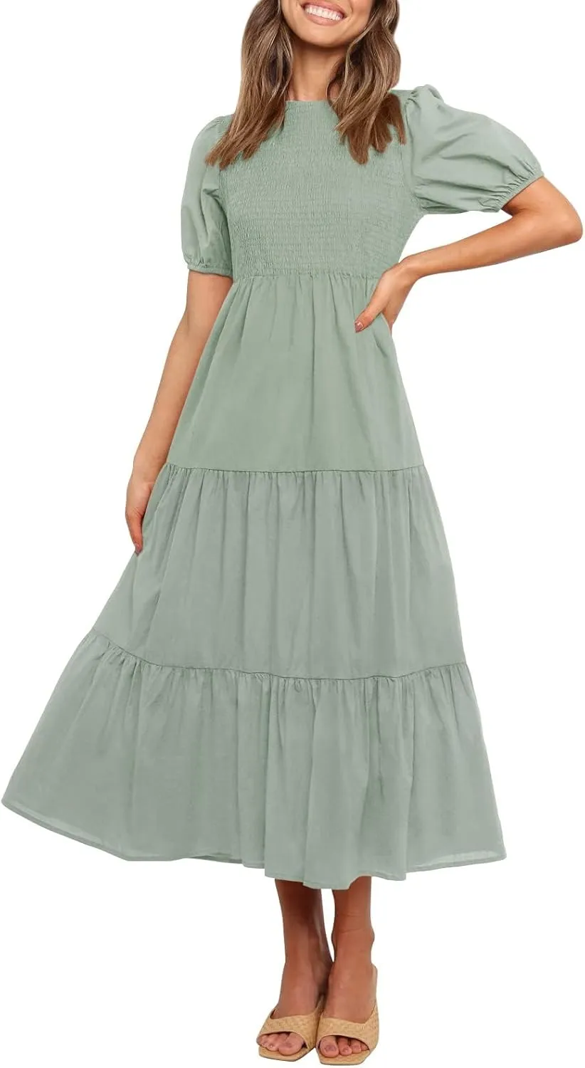 ZESICA Women's Casual Summer Crew Neck Short Puff Sleeve Smocked High Waist Ruffle Tiered A Line Midi Dress