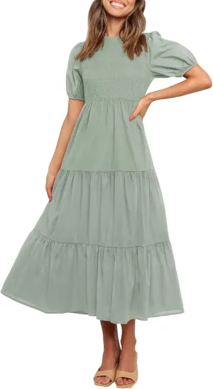 ZESICA Women's Casual Summer Crew Neck Short Puff Sleeve Smocked High Waist Ruffle Tiered A Line Midi Dress