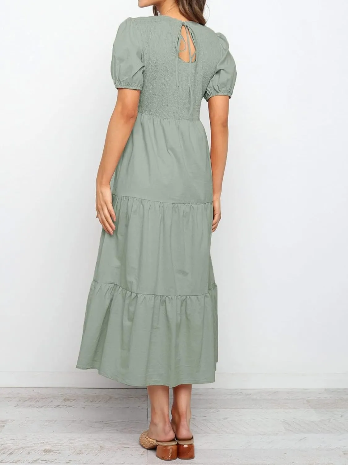 ZESICA Women's Casual Summer Crew Neck Short Puff Sleeve Smocked High Waist Ruffle Tiered A Line Midi Dress