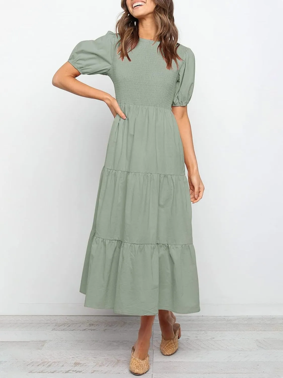 ZESICA Women's Casual Summer Crew Neck Short Puff Sleeve Smocked High Waist Ruffle Tiered A Line Midi Dress