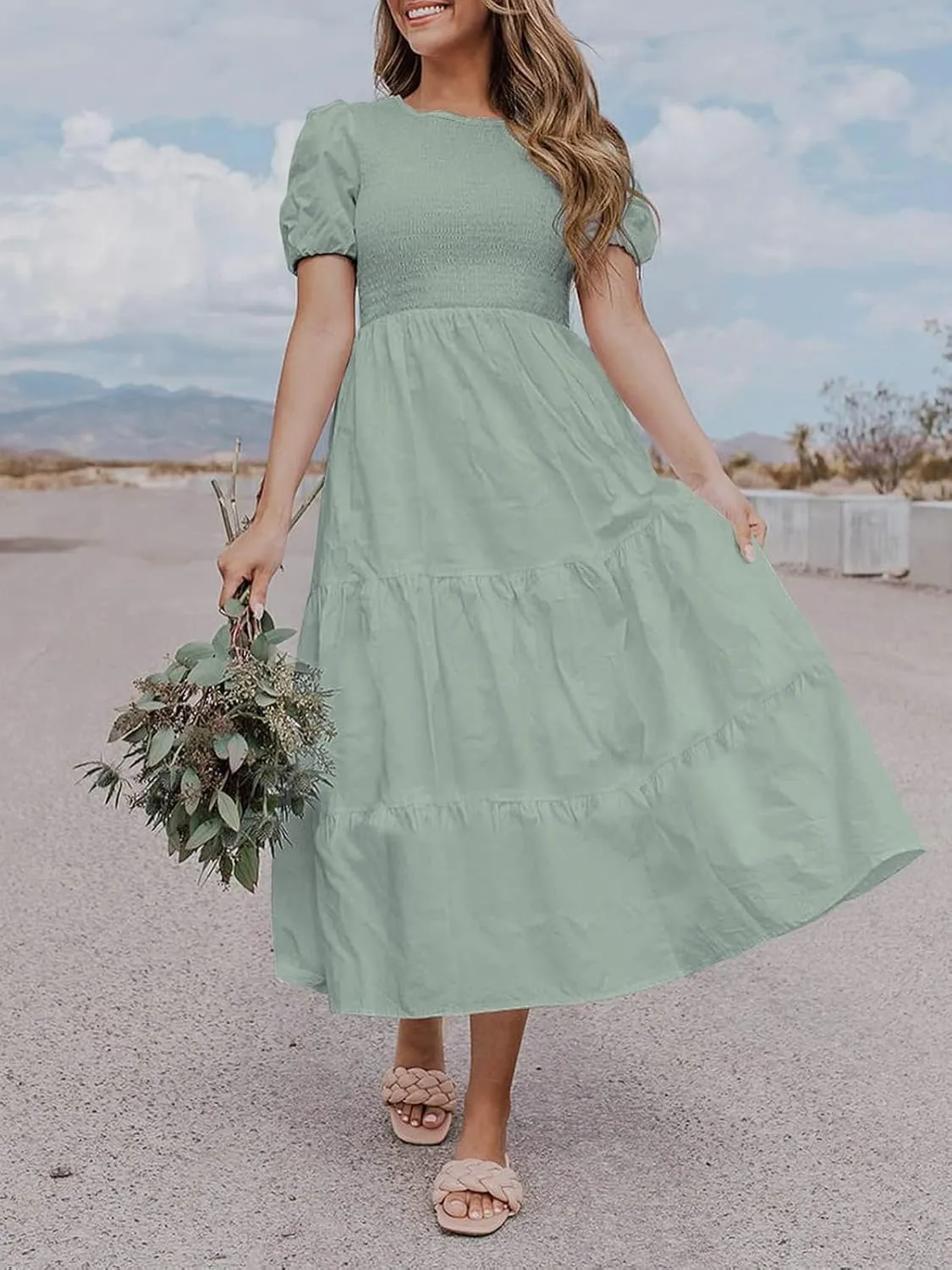 ZESICA Women's Casual Summer Crew Neck Short Puff Sleeve Smocked High Waist Ruffle Tiered A Line Midi Dress