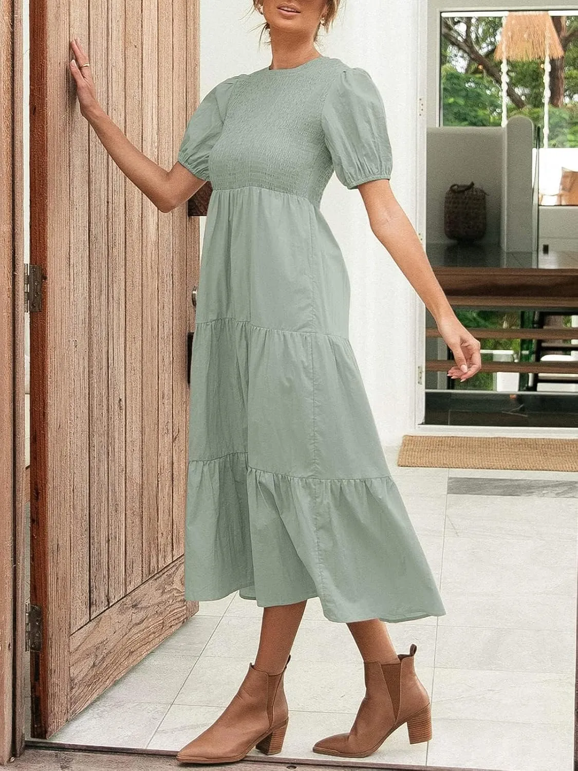 ZESICA Women's Casual Summer Crew Neck Short Puff Sleeve Smocked High Waist Ruffle Tiered A Line Midi Dress