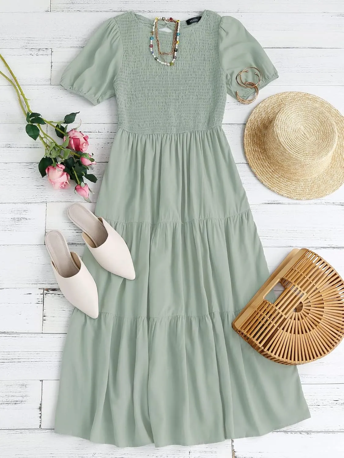 ZESICA Women's Casual Summer Crew Neck Short Puff Sleeve Smocked High Waist Ruffle Tiered A Line Midi Dress