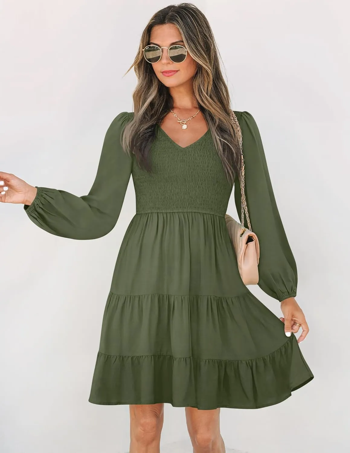 ZESICA Women's Casual V Neck Long Sleeve Smocked High Waist Ruffle A Line Tiered Mini Dress