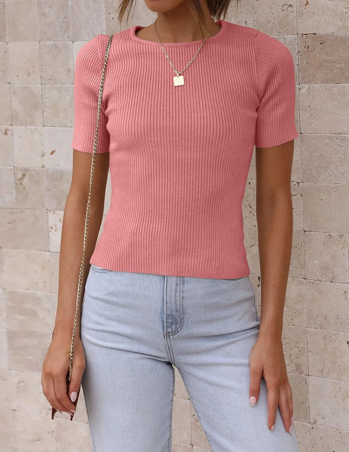 ZESICA Women's Short Sleeve Sweater Tops 2025 Summer Crewneck T Shirt Ribbed Knit Slim Fit Basic Solid Color Tee