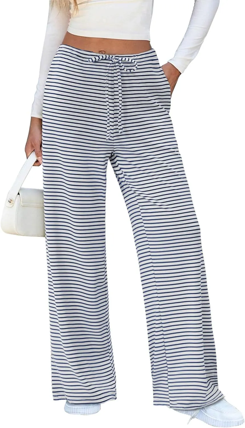 Zwurew Women's Striped Wide Leg Pants Drawstring Elastic Waist Knit Baggy Sweatpants with Pockets