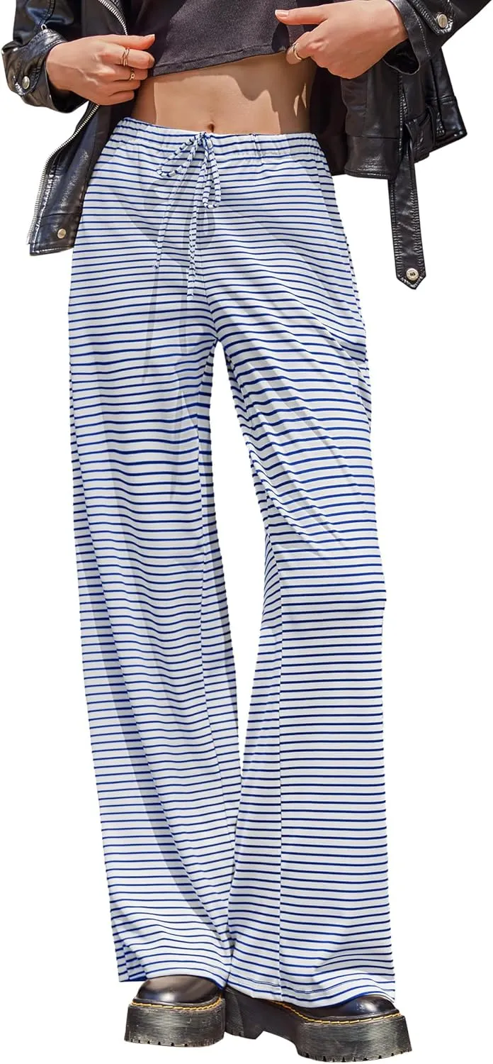 Zwurew Women's Striped Wide Leg Pants Drawstring Elastic Waist Knit Baggy Sweatpants with Pockets