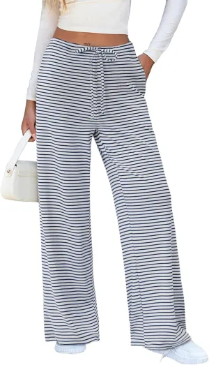 Zwurew Women's Striped Wide Leg Pants Drawstring Elastic Waist Knit Baggy Sweatpants with Pockets