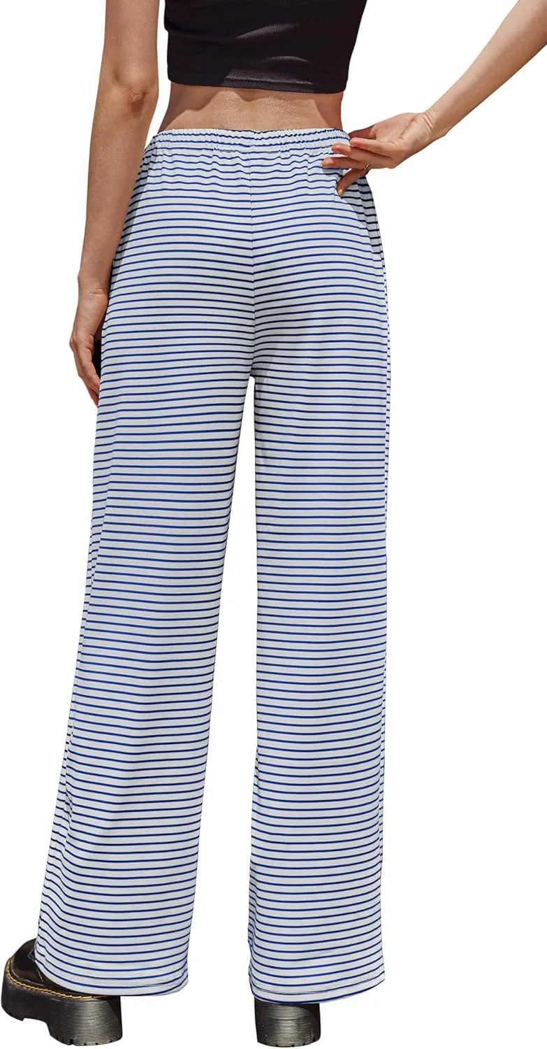 Zwurew Women's Striped Wide Leg Pants Drawstring Elastic Waist Knit Baggy Sweatpants with Pockets